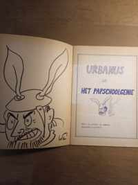 Urbanus in Het Papschoolgenie met tekening van Willy Linthout op binnenkant voorplat en sticker