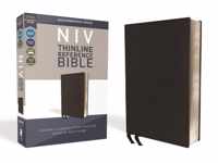 NIV, Thinline Reference Bible, Genuine Leather, Calfskin, Black, Red Letter, Art Gilded Edges, Comfort Print